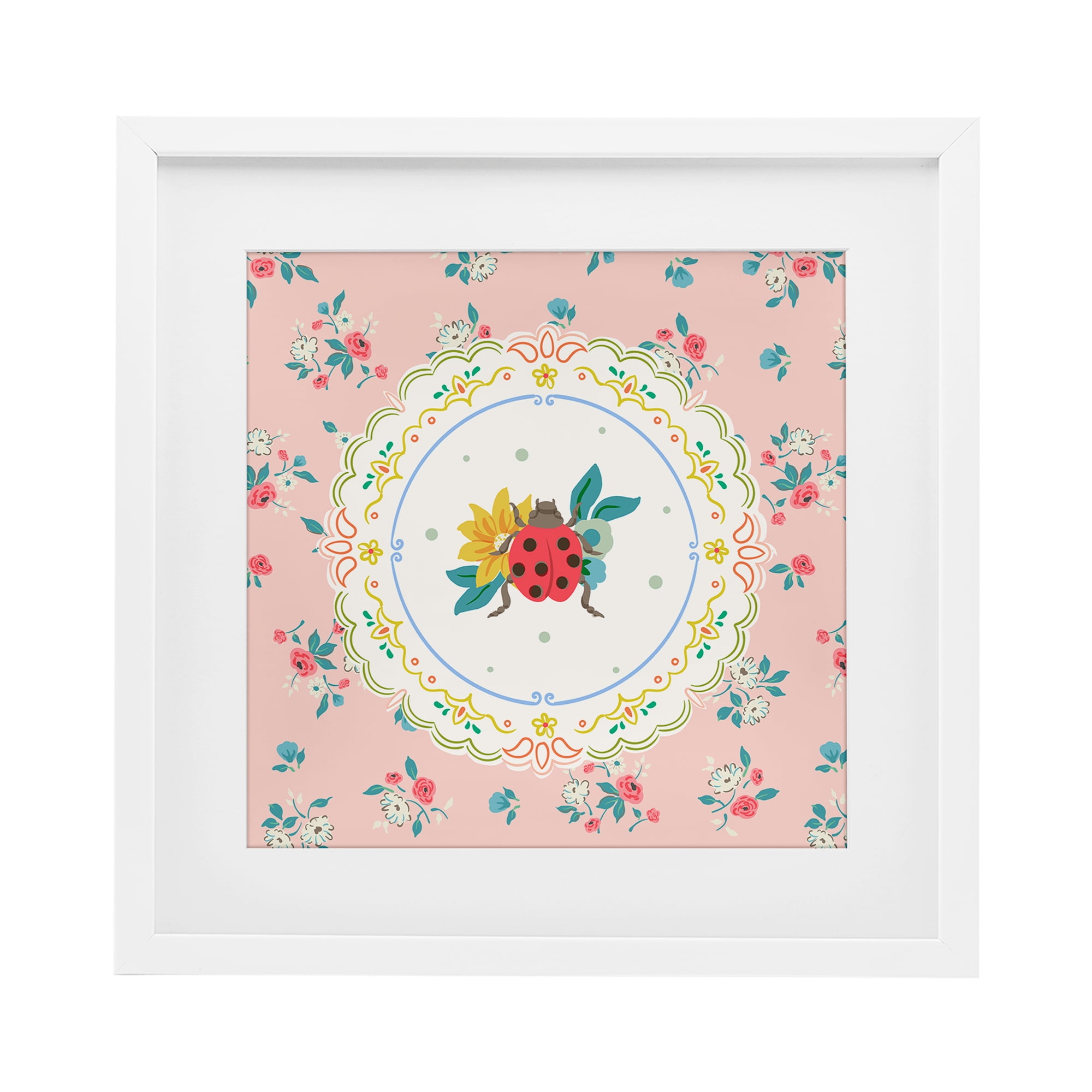 Spring Lady Bug Lace Pattern White Framed Print Under Glass, design by Angela Steahling