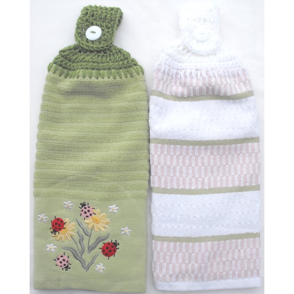Spring Ladybug & Striped Kitchen Towels - Double/Full Crochet TOP Hanging Kitchen Towel Set
