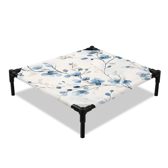 Spring Lake Elevated Dog Bed, Blue Flower Floral Eucalyptus Leaves Vintage Cooling Breathable Outdoor Raised Dog Cot Bed with Metal Frame Non-Slip Feet for Small Dog 20x20in