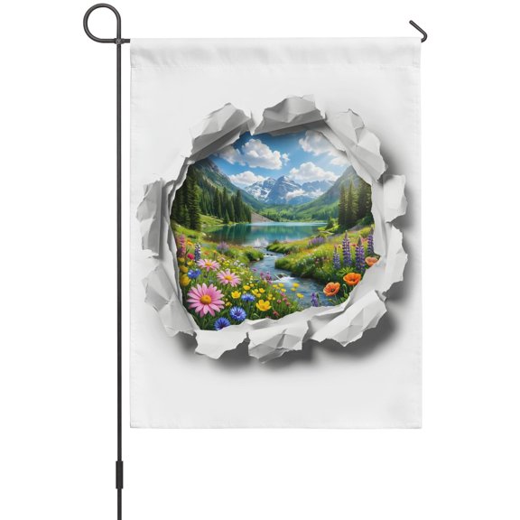 Spring Lake Mountains Garden Flags For Outdoor, Rustic Floral Pink Yellow Flower Ripped Paper Small Double Side Yard Flags Weather Proof Garden Decor for Lawn Outside Holiday 12 x 18 Inches