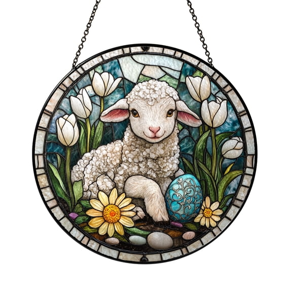 Spring Lamb Tulip Flower Stained Glass Style Window Suncatcher, Farm Animal Window Hanging Decor Ornament