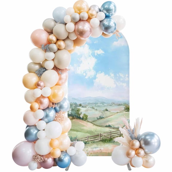 Spring Landscape Arch Backdrop Cover 4 FT Natural Green Grassland Blue Sky Country Stretchy Elastic Arch Stand Covers Spandex Arched Background Birthday Wedding Party Decoration (No Stand)