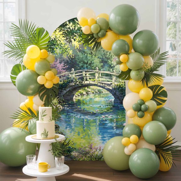 Spring Landscape Arch Backdrop Cover, 4FT, Country Botanical Garden Stone Arch Bridge Tree Spandex Arch Covers Double-Sided Backdrop for Wedding Birthday Party Photo Background Decoration