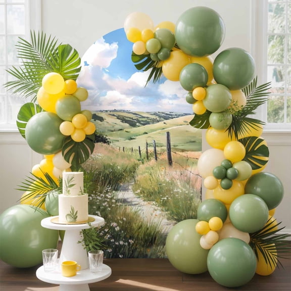 Spring Landscape Arch Backdrop Cover, 4FT, Pastoral Natural Green Grassland Blue Sky Spandex Arch Covers Double-Sided Backdrop for Wedding Birthday Party Photo Background Decoration