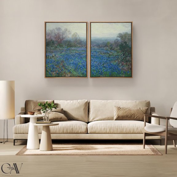Spring Landscape Art Print Bluebonnet Field Floral Rustic Country Vintage Painting 2 Piece Diptych Wall Art Set 2