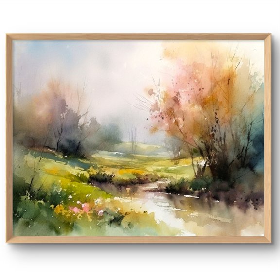 Spring Landscape Art Wildflowers Meadow Style Abstract Blooming Trees Wall Art Flowers Field Spring Stream, Unframed Paper Print