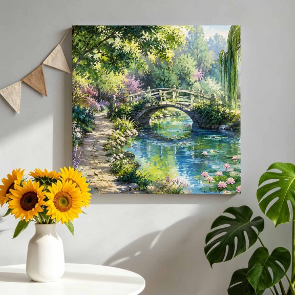 Spring Landscape Canvas Wall Art, Country Botanical Garden Stone Arch Bridge Tree Framed Canvas Wall Decor Picture Print Artwork Decorations for Living Room Office Ready to Hang 8" x 8"