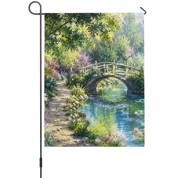 Spring Landscape Garden Flags For Outdoor, Country Botanical Garden Stone Arch Bridge Tree Small Double Side Yard Flags Weather Proof Garden Decor for Lawn Outside Holiday 12 x 18 Inches