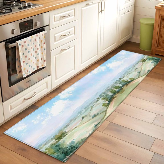 Spring Landscape Runner Rugs 2x6 ft Natural Green Grassland Blue Sky Country Washable Hallway Rugs Non-Slip Floor Mats Absorbent Carpet Bedside Runners for Bedroom Kitchen Bathroom Laundry Room