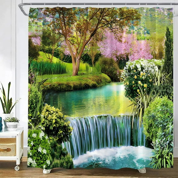 Spring Landscape Shower Curtains Waterfall Tropical Palm Leaves Forest Flower Garden Wall Hanging Home Bathroom Decor with