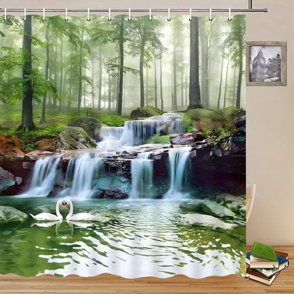 Spring Landscape Waterfalls Shower Curtains Outdoor Forest Nature Scenery Swan Animal Green Plant Leaves View Bathroom Decor Fabric Hanging Cloth Curtain Set with Hooks-60"W x 72"L (Pack of 1)