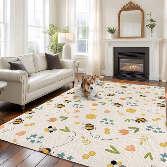 Spring Large Area Rugs 6x9 ft Cartoon Flower Farm Plants Watercolor Bee Yellow Honey Retro Washable Rug Non Slip Indoor Carpet Absorbent Floor Mat for Living Room Bedroom Dining Room