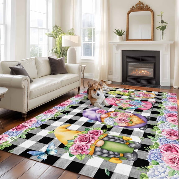 Spring Large Area Rugs 8x10 ft Purple Pink Green Rose Floral Leaf Gnomes Black Plaid Washable Rug Non Slip Indoor Carpet Absorbent Floor Mat for Living Room Bedroom Dining Room