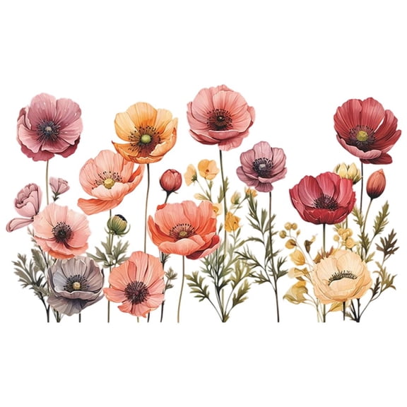 Spring Large Poppy Flower Wall Decals Stickers, Summer Watercolor Floral Living Room Decorations Bedroom Art, Seasonal Garden Home Kitchen Decor