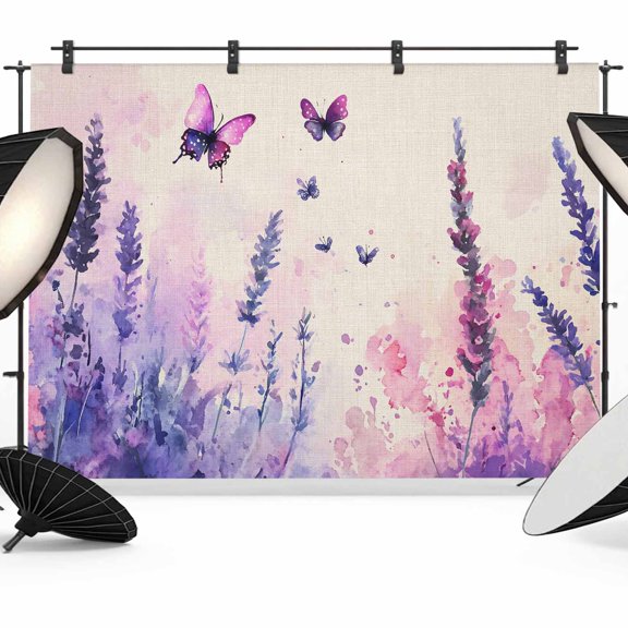 Spring Lavender Backdrop for Photography,Fabric Photo Background Backdrop,Butterfly Purple Farmhouse Floral Leaf Photo Booth Background for Portrait Photoshoot Video Wedding Decoration Banner 7x5ft