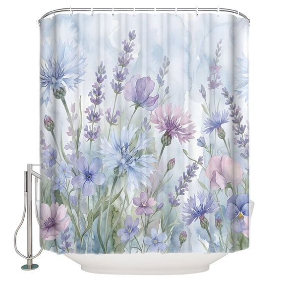 Spring Lavender Bathroom Shower Curtains with 12 Hooks Polyester Waterproof Shower Curtain for Stalls and Bathtubs Watercolor Floral Botanical Leaves Blue Decorative Bathroom Curtain 60x72 Inches