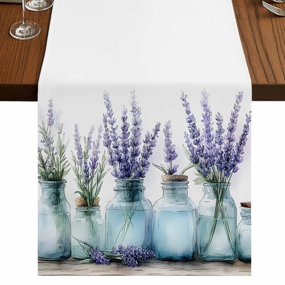 Spring Lavender Floral 60 Inch Table Runner, Botanical Watercolor Flower Vase Farmhouse Dresser Scarf Cotton & Linen Tablerunner for Dining/Kitchen Island/Holiday Party Décor 13" x 60"