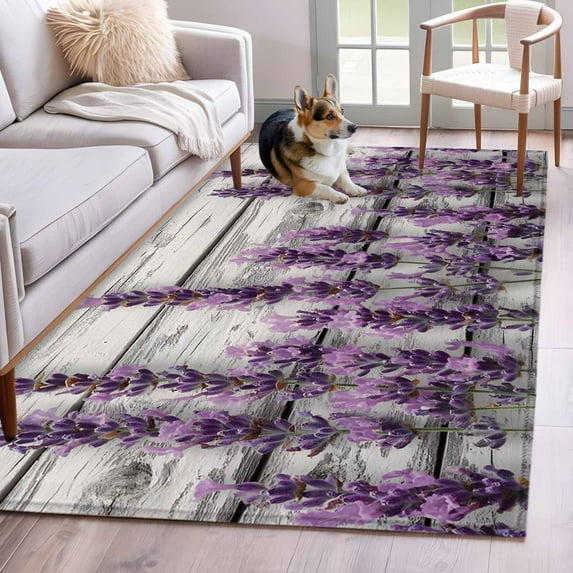 Spring Lavender Floral Area Rug 3x5 Washable Rug Non Slip Watercolor Purple Flower Wood Grain Large Area Rug Indoor Floor Carpet for Entryway Bedroom Kitchen Living Room Home Office Dining Room