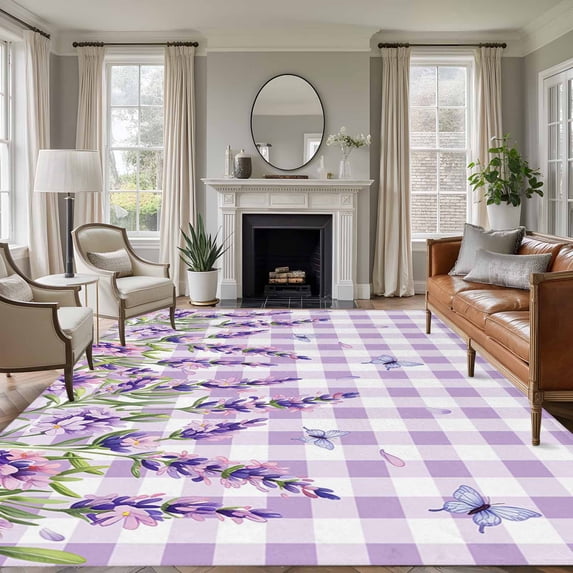 Spring Lavender Floral Area Rugs 8'x10', Washable Small Throw Rugs for Living Room Patio, Flowers Butterfly Purple Plaid Indoor Outdoor Rug Non-Slip Low Pile Carpet Runner Reversible Floor Mats