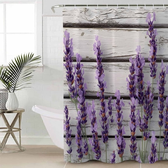 Spring Lavender Floral Extra Long Shower Curtain Set, Waterproof Shower Curtains for Bathroom, Botanical Flower Vintage Wood Grain Washable Fabric Cloth Bath Curtain with Hooks 72x96 Inches