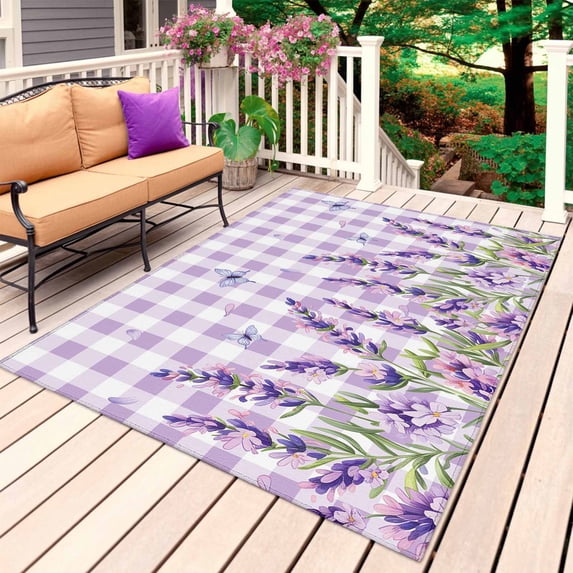 Spring Lavender Floral Outdoor Rug 3x5 Ft, Non Slip Washable Area Rug, Flowers Butterfly Purple Plaid Patio Rugs Carpet Runner, Large Floor Mat for Indoor/Outdoor Deck Porch Camping