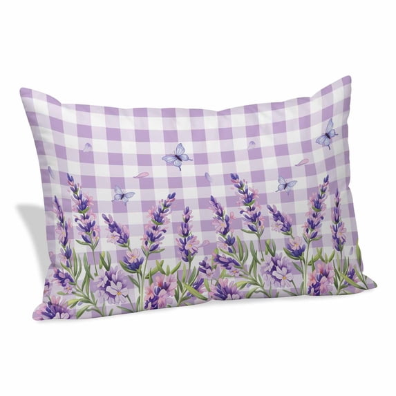 Spring Lavender Floral Pillow Covers, Linen Long Throw Pillow Case, Flowers Butterfly Purple Plaid Holiday Pillow Protector Decorative Cushion Cover for Living Room/Bedroom 20" x 36"