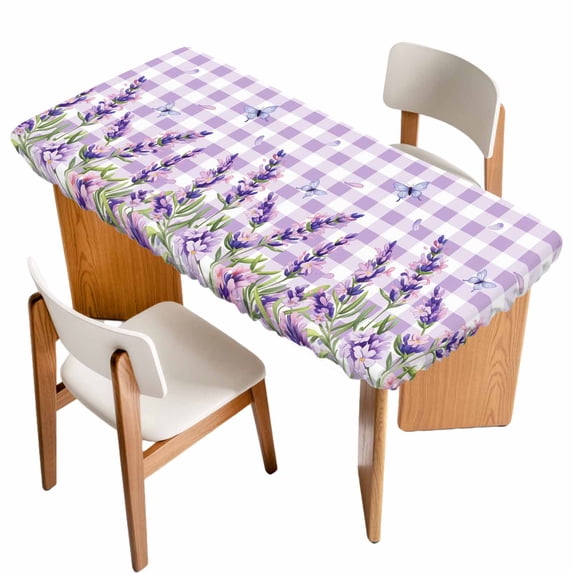 Spring Lavender Floral Table Cloths for 3 Foot Rectangle Tables, Flowers Butterfly Purple Plaid Patio Waterproof Elastic Fitted Tablecloths, Washable Rectangular Table Cover for Camping