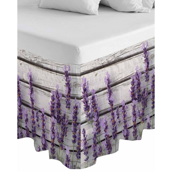 Spring Lavender Floral Wrap Around Bed Skirts for Queen Bed 16" Drop,Bed Skirt with Adjustable Elastic Belt Dust Ruffle Bed Valance for Bedroom Botanical Flower Vintage Wood Grain Bed Frame Cover