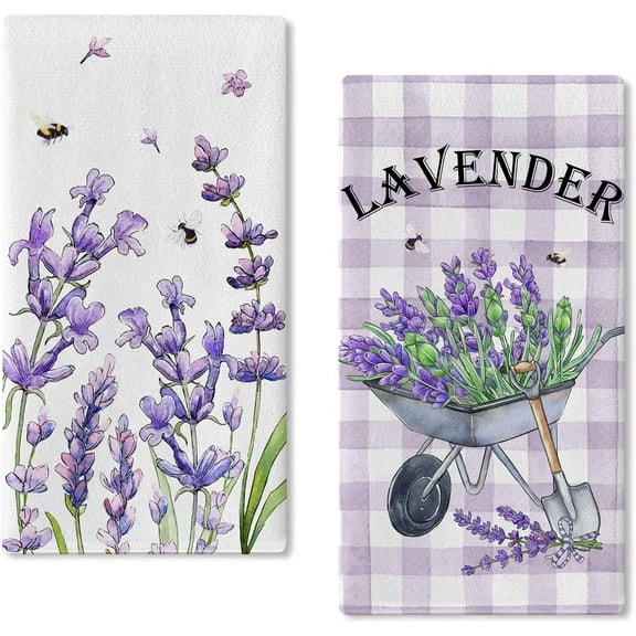 Spring Lavender Flower Kitchen Dish Towel Set of 2, Purple Buffalo Plaid Check Hand Towel Floral Cart Drying Baking Cooking Cloth, Bee Summer Seasonal Kitchen Decor 18x26 Inches