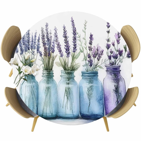 Spring Lavender Flower Round Tablecloth 45-54 Inch Round Fitted Table Cloth with Elastic Edge, Botanical Watercolor Floral Leaf Vase Waterproof Table Cover Protector for Outdoor Picnic Party Dining