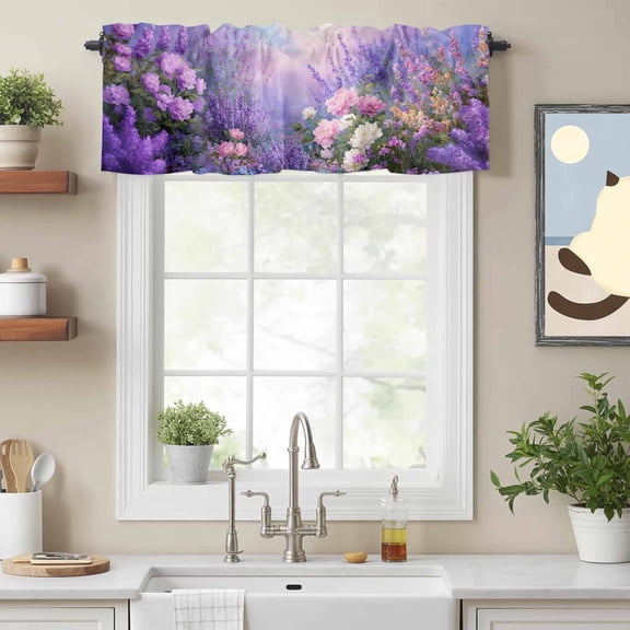 Spring Lavender Flowers Valances for Windows,Rod Pocket Valance for Kitchen Bedroom Bathroom Living Room,Oil Painting Style Art Window Valance Curtain Farmhouse Home Decor Short Curtains 54x18in