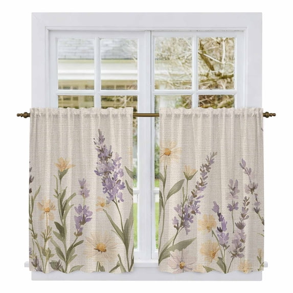 Spring Lavender Kitchen Curtains, Farmhouse Floral Vintage Light Filtering Window Curtain Panels, 2Pcs Rod Pocket Window Treatments Set for RV Dining Room Study Room 42x54 Inches