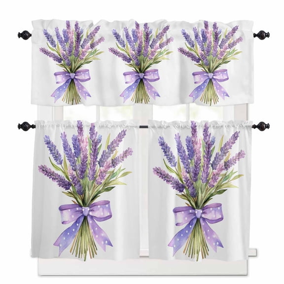 Spring Lavender Kitchen Curtains Valances and Tiers Set of 3 Polka Dots Bow Tier Curtains and Valance Rod Pocket Valance Curtains Set for Kitchen Bathroom Small Windows 27.5"W x 24"L (Pack of 3)