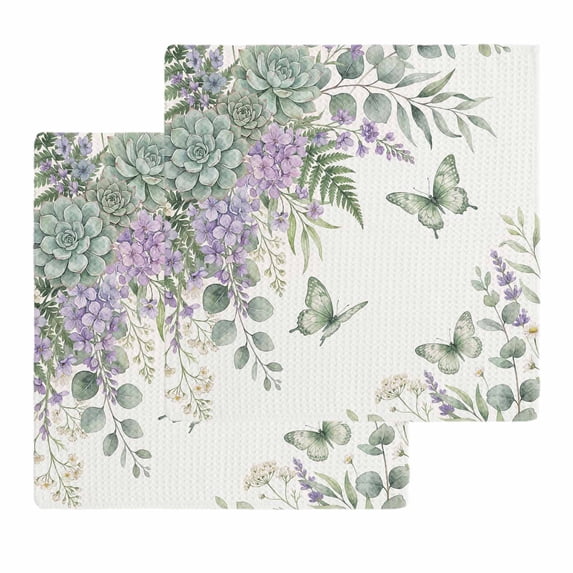 Spring Lavender Kitchen Dish Towels for Drying Dishes Set of 2, Garden Botanical Leaves Butterflies Waffle Weave Microfiber Hand Tea Bathroom Towels Quick Dry & Absorbent Towel 12x12