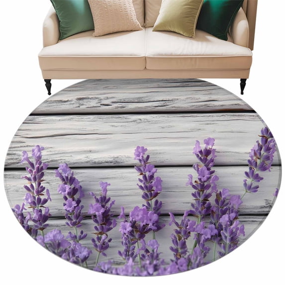 Spring Lavender Large Area Rugs for Bedroom Living Room, Soft Non Slip Carpet Bedside Rug, Botanical Purple Floral Vintage Wood Grain Round Floor Cover Kitchen Accent Rug 7' for Dining Room/Office