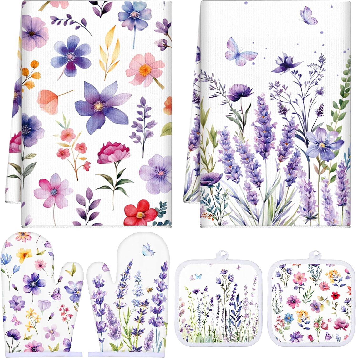 Spring Lavender Oven Mitts and Pot Holders Kitchen Dish Towels Set Purple Flower Spring Kitchen Towels and Dishcloths for Baking Cooking Women BBQ Grilling Hand Dish Gifts