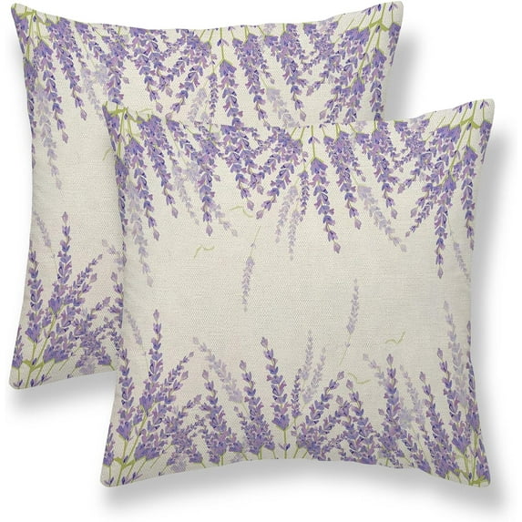 Spring Lavender Pillow Cover 16x16 Set of 2, Farmhouse Purple Lavender Floral Throw Pillow Covers Watercolor Flower Linen Cushion Cases for Home Sofa Outdoor Decor
