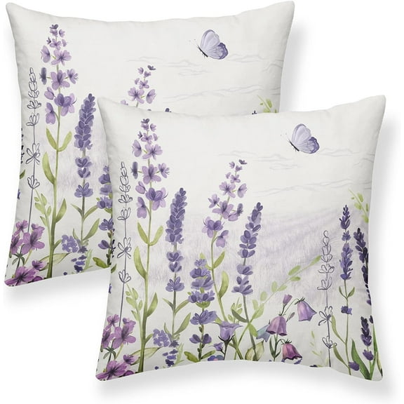 Spring Lavender Pillow Cover 18x18 Inch Set of 2, Purple Flowers Throw Pillow Covers Summer Watercolor Floral Decorations Linen Cushion Covers Farmhouse Home Decor for Sofa Couch Outdoor