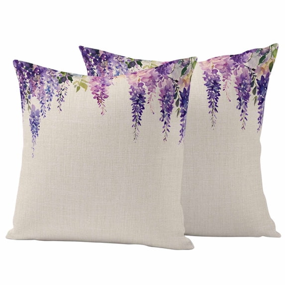 Spring Lavender Pillow Covers 2 Pack Watercolor Purple Floral Pillowcase Waterproof Outdoor Throw Pillow Cover for Patio Garden Square Cushion 16”x16”