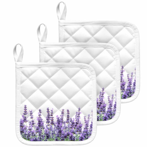 Spring Lavender Pot Holders for Kitchen Heatproof Potholder, 3 Pack Purple Botanical Garden Florals Flower Hot Pads Multipurpose Oven Pads Cloth Potholders Trivet for Cooking Baking
