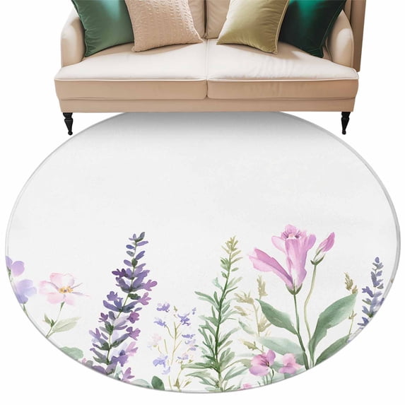 Spring Lavender Round Area Rug 5ft Idyllic Watercolor Purple Flowers Non-Slip Washable Circle Rugs Soft Felt Indoor Floor Mat for Bedroom Kitchen Living Room Bathroom