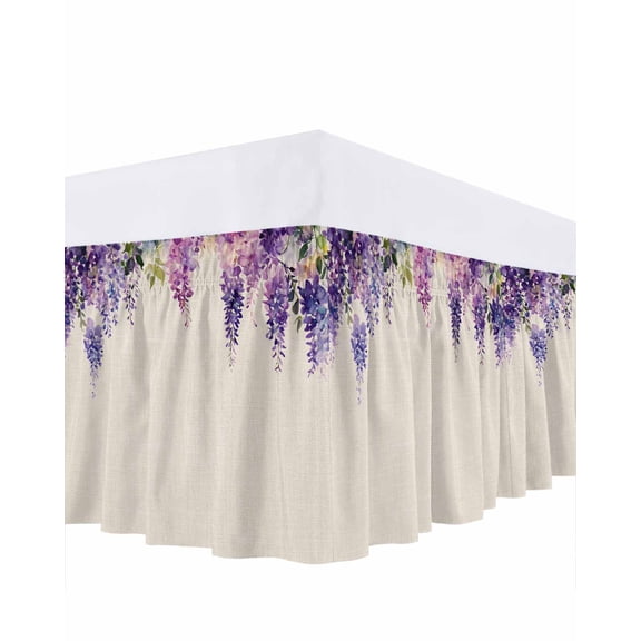 Spring Lavender Ruffle Bed Skirt Queen Size Watercolor Purple Floral Adjustable Elastic Dust Bed Skirts Wrap Around Bedskirt Wrinkle Free Easy Fit with 18 Inch Drop