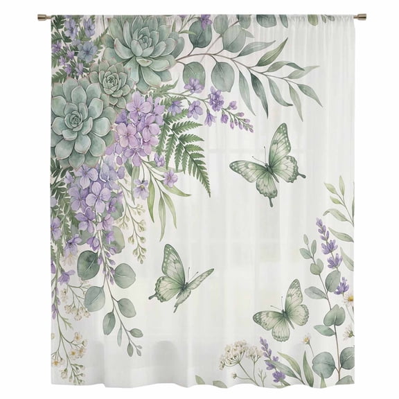 Spring Lavender Sheer Curtains 45 Inches Long, Garden Botanical Leaves Butterflies Light Filering Curtains, Breathable Simi Curtain Privacy Drapes for Kitchen Bathroom Small Window Treatment