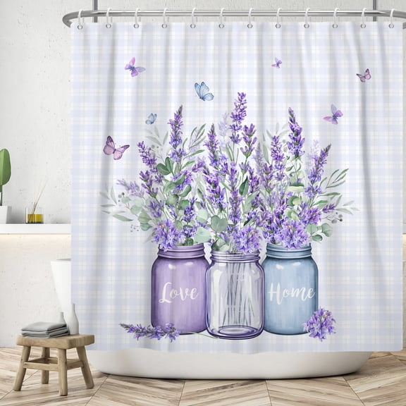 Spring Lavender Shower Curtain Purple Floral with Butterfly Bath Curtain for Bathroom Decor with Hooks 72x72 in