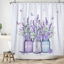 Spring Lavender Shower Curtain Purple Floral with Butterfly Bath Curtain for Bathroom Decor with Hooks 72x72 in