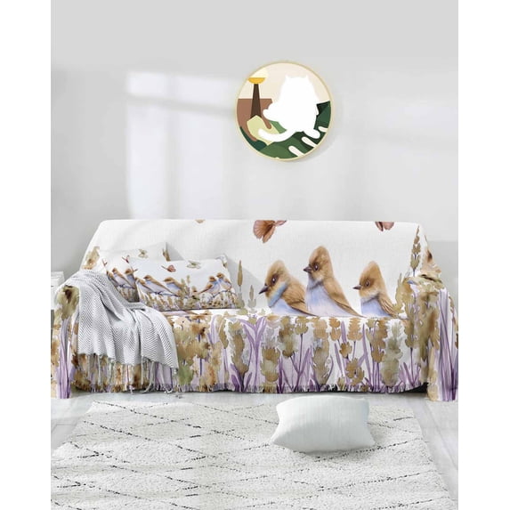 Spring Lavender Sofa Covers for 3 Cushion,Washable Couch Cover for Sectional Sofa Slipcoverwith Tassel,Flower Plant Botanical Leaf Bird Loveseat Covers Futon Cover Throw Blanket 71''x118''