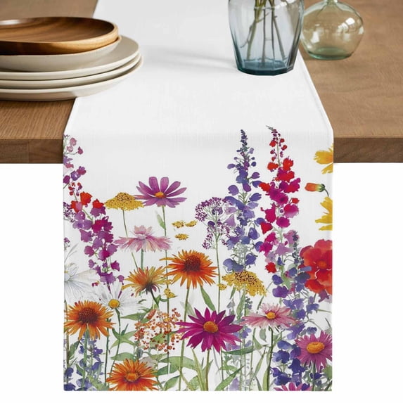 Spring Lavender Table Runner, Watercolor Floral Daisy Natural Botanical Washable Cotton Linen Table Runners 90 Inches Long, Dresser Scarf Runner for Dining/Coffee/Kitchen/Hallway Tables 13''x90''