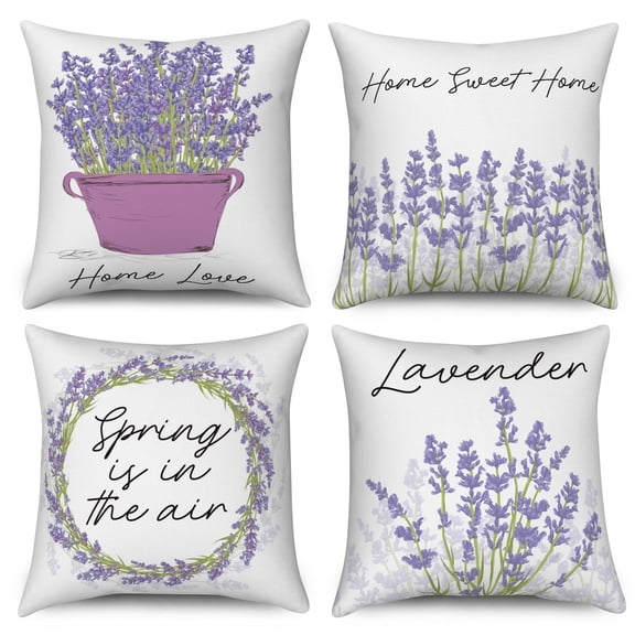Spring Lavender Throw Pillow Covers 18x18 Set of 4,Purple Floral Decorative Pillow Cases for Bedroom Sofa Couch