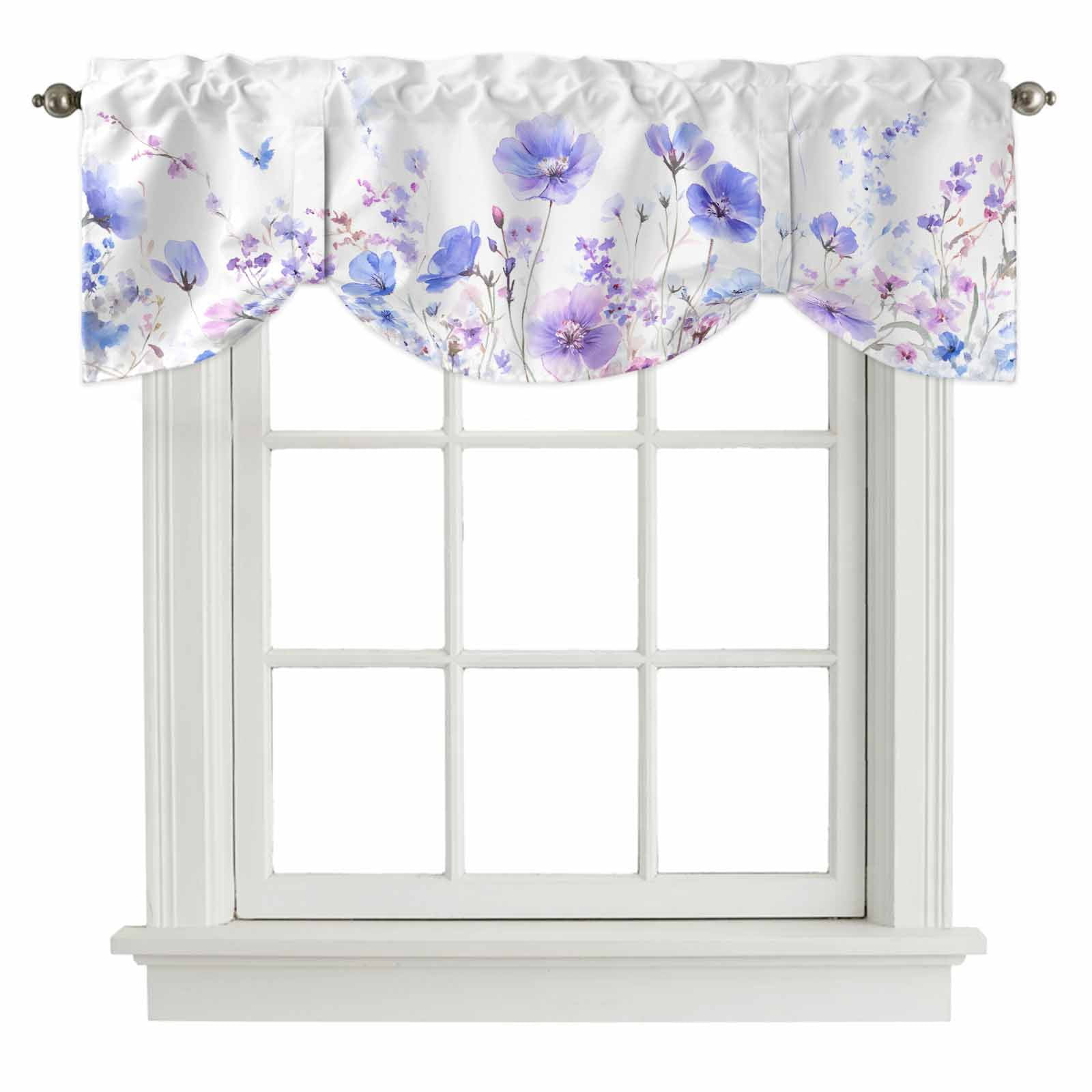 Spring Lavender Tie Up Valance for Windows, Idyllic Watercolor Flowers