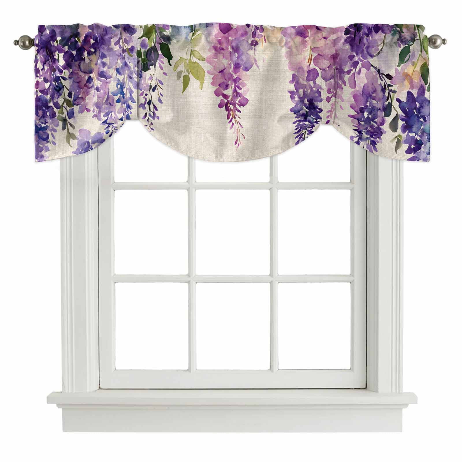 Spring Lavender Tie Up Valance for Windows, Watercolor Purple Floral